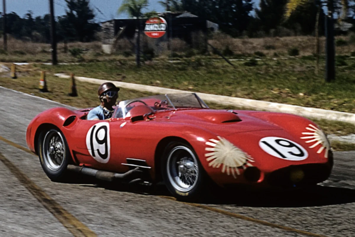 Fangio drives a Maserati 450S at the 12 Hours of Sebring, March 1957.