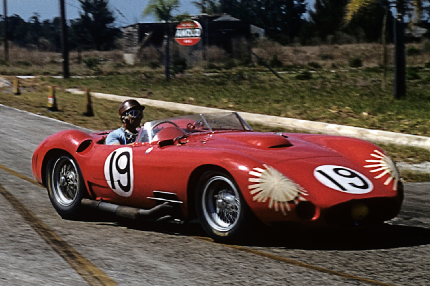 Fangio drives a Maserati 450S at the 12 Hours of Sebring, March 1957.