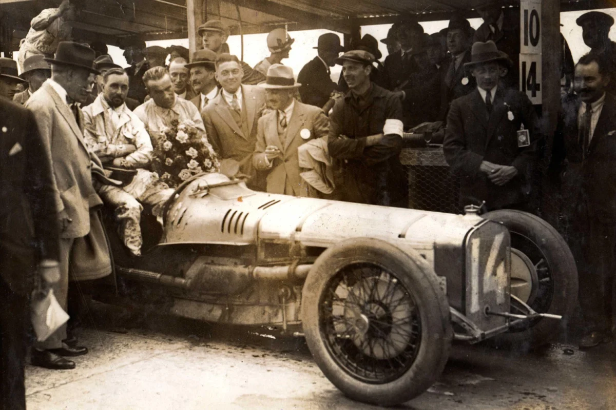 Britain's very first Grand Prix - people around car 14