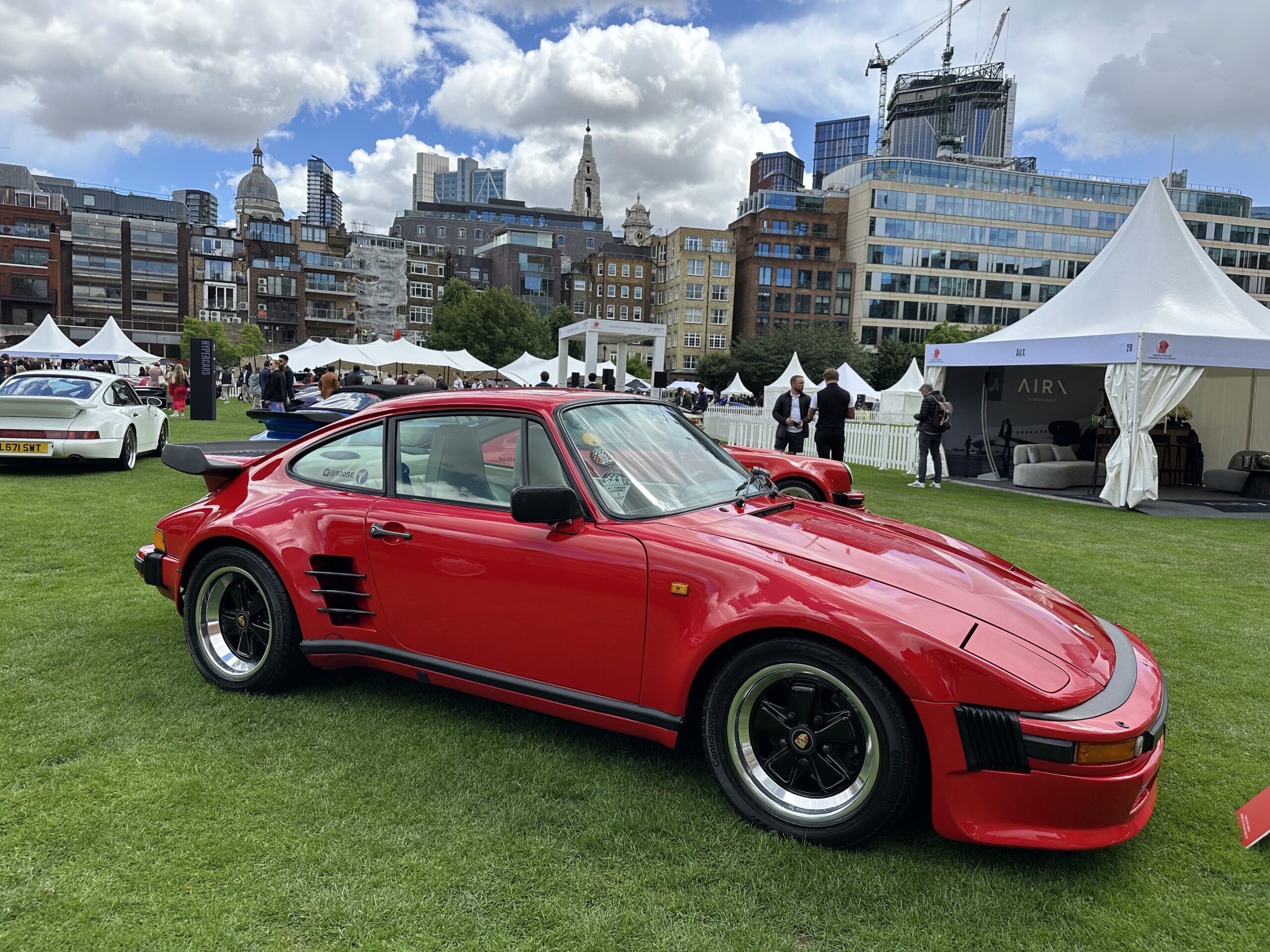 1986 Porsche 930 Turbo SE Flachbau (front side view) at the London Concours 2026.