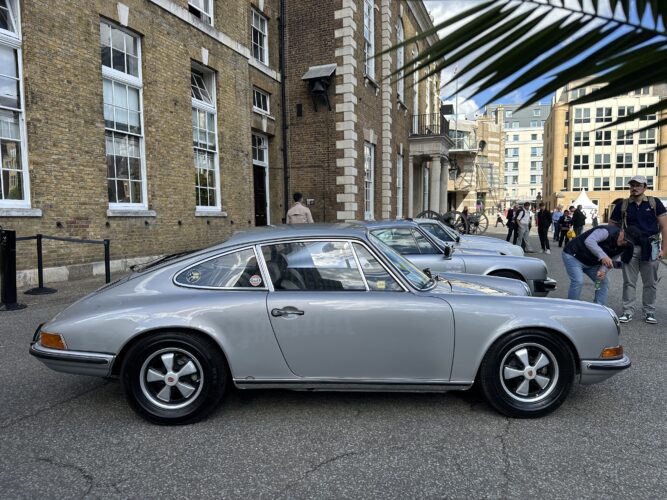 1970 Porsche 911T Sportomatic (in Silver) (side profile) at London Concours 2026.