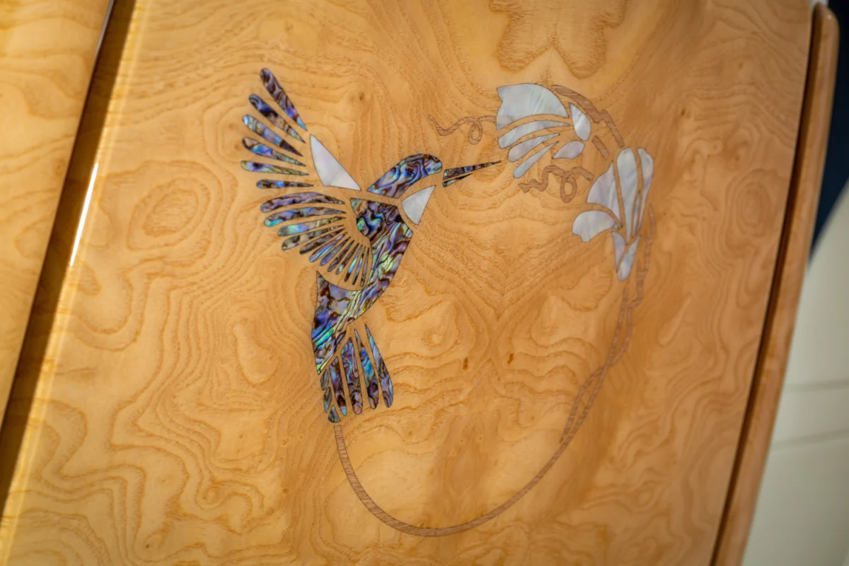Hummingbird made from 53 pieces of abalone shell and mother-of-pearl